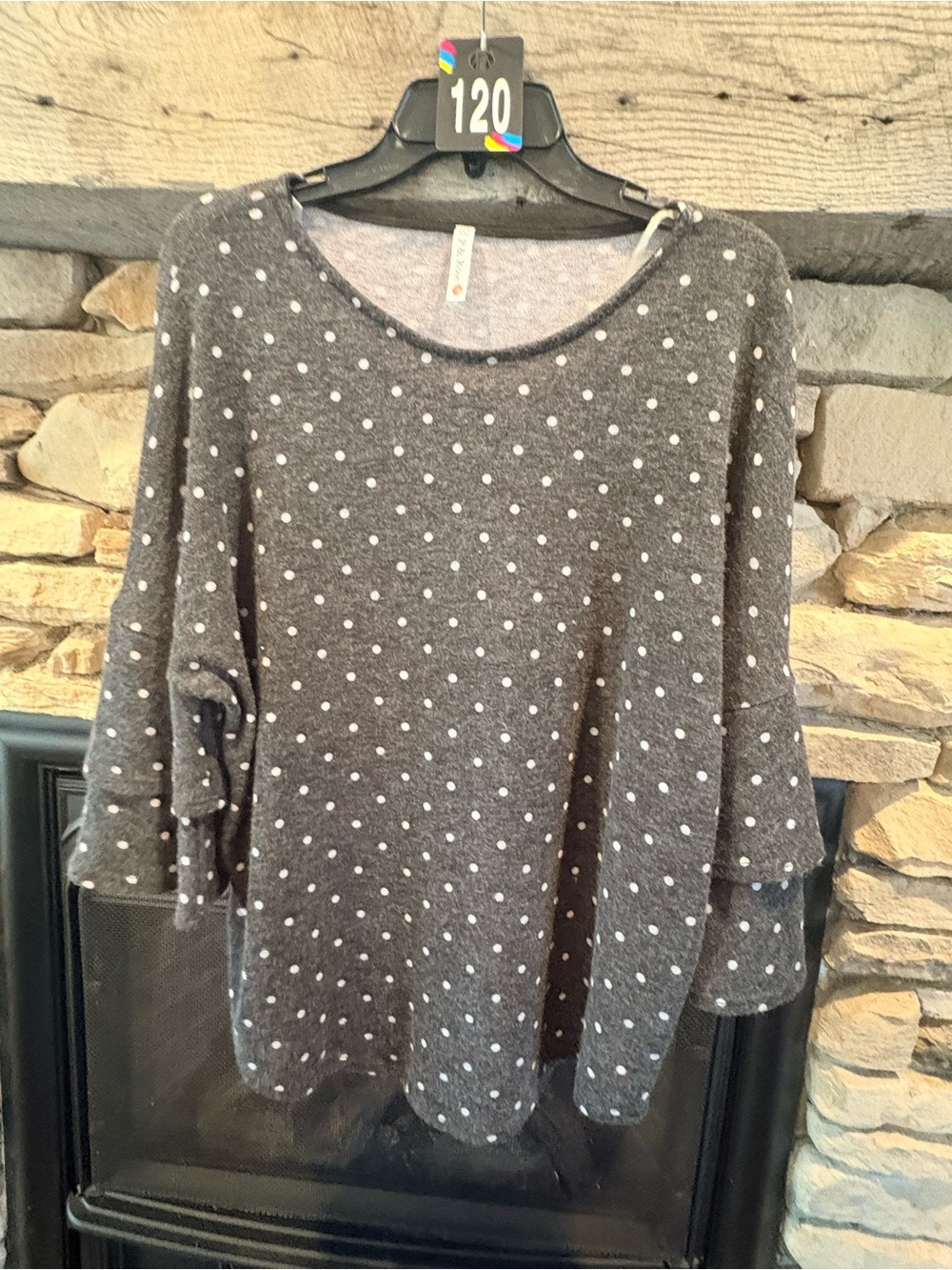 Cozy Grey Polka Dot Knit Top - Soft Layered Sleeves